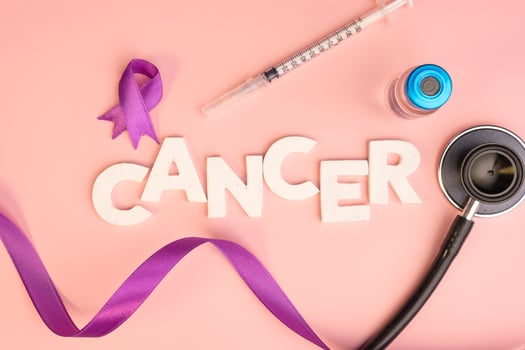 The word cancer is spelled out with white letters surrounded by a purple ribbon a syringe a vial and a stethoscope photo