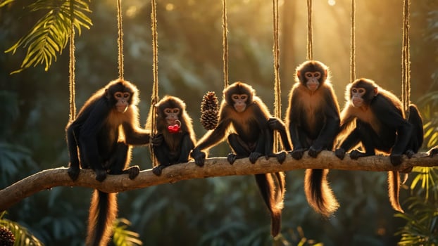 A group of monkeys sitting on a branch in a sunlit forest, showcasing their playful nature. photo