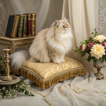 Graceful persian cat on golden cushion surrounded by flowers indoor setting elegant atmosphere photo