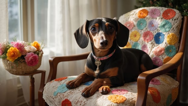 A dachshund resting on a colorful crocheted chair beside a floral arrangement. photo