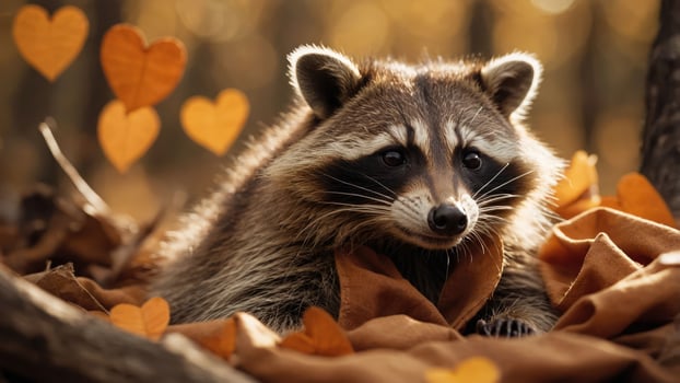 A raccoon resting on leaves with heart-shaped bokeh in the background. photo