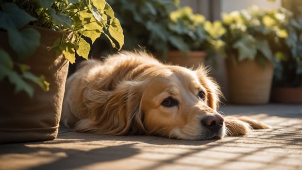 A golden retriever rests peacefully on a patio surrounded by potted plants in soft sunlight. photo