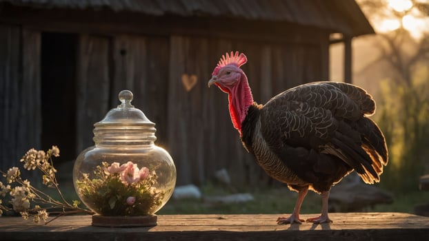 A turkey stands beside a glass jar with flowers, set against a rustic background at sunset. photo