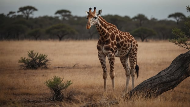A solitary giraffe stands gracefully in a savanna landscape, showcasing its unique beauty. photo