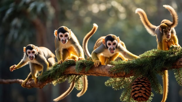 Four monkeys playfully climbing a branch adorned with pine and greenery. photo