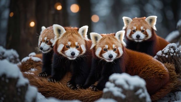 A group of red pandas sitting together in a snowy forest setting. photo