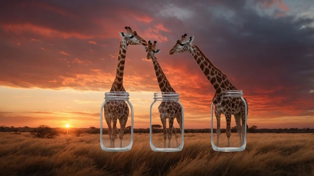 Three giraffes inside glass jars against a sunset backdrop in a grassy landscape. photo