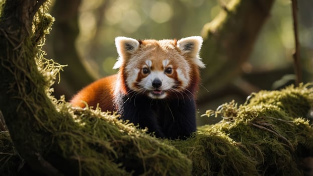 A red panda resting on a moss-covered branch in a forest setting. photo