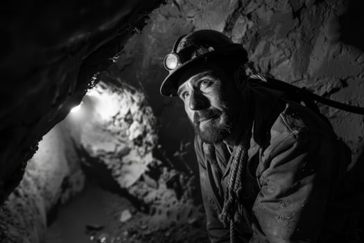 Miner in the mine. Well-uniformed miner inside dark mine. Neural network photo