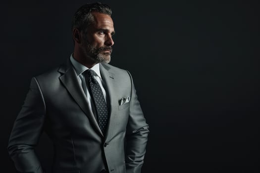 Young caucasian male in gray suit posing against dark wall. Neural network. photo