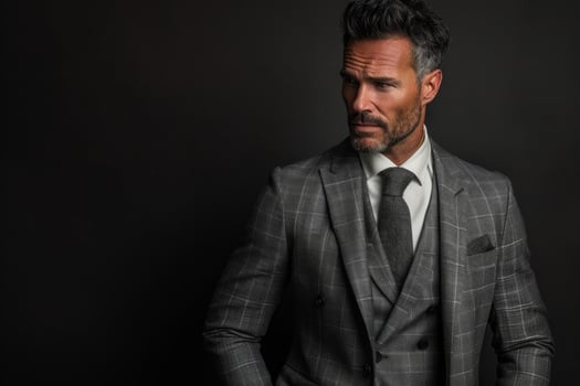 Young caucasian male in gray suit posing against dark wall photo