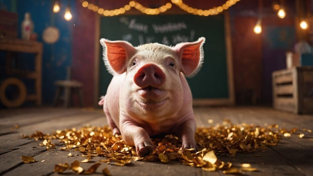 A cute pig sitting on golden confetti in a decorated indoor space. photo