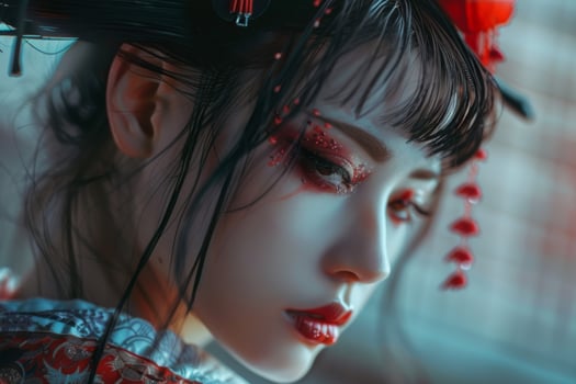 Young japanese woman in traditional dress at dusk. photo