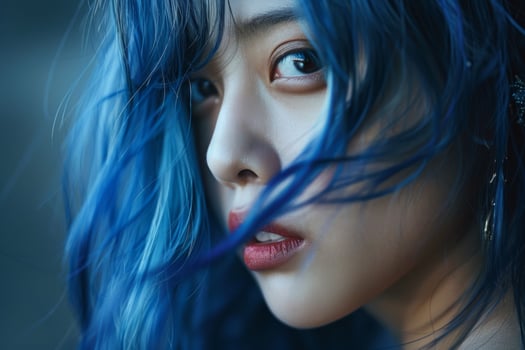 Young woman with blue hair in soft focus close-up photo
