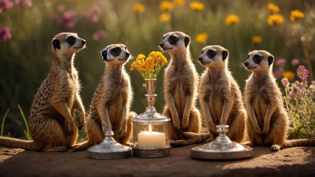 Five meerkats arranged around a candle and flowers in a scenic outdoor setting. photo