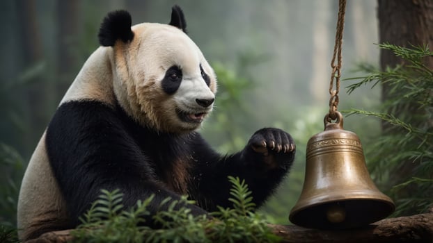 A panda interacting playfully with a bell in a serene forest setting. photo