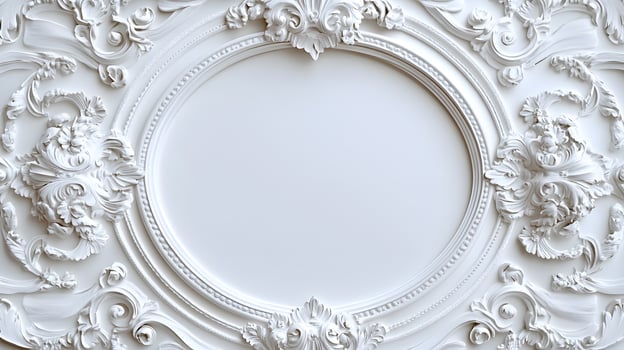 Elegant circular white baroque picture frame displays ornate Victorian design with decorative floral scrollwork, vintage antique style, and symmetrical carved pattern in classical wall decor. decorat photo