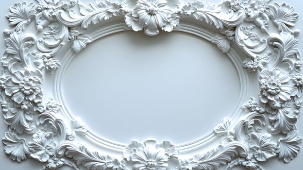Elegant circular white baroque picture frame displays ornate Victorian design with decorative floral scrollwork, vintage antique style, and symmetrical carved pattern in classical wall decor. intrica photo