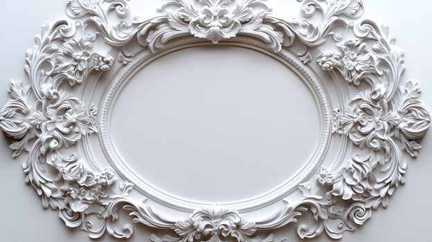 Elegant circular white baroque picture frame displays ornate Victorian design with decorative floral scrollwork, vintage antique style, and symmetrical carved pattern in classical wall decor. gilded photo