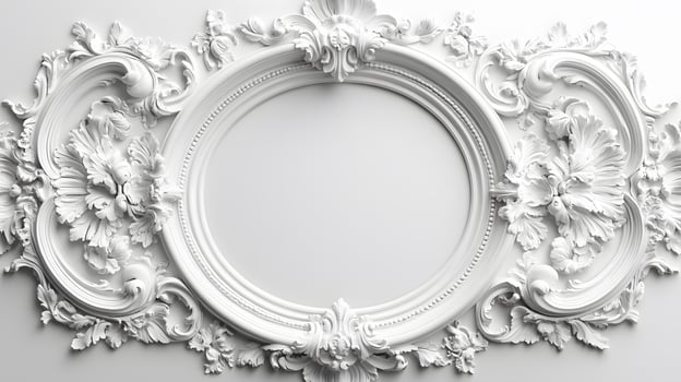 Elegant circular white baroque picture frame displays ornate Victorian design with decorative floral scrollwork, vintage antique style, and symmetrical carved pattern in classical wall decor. traditi photo