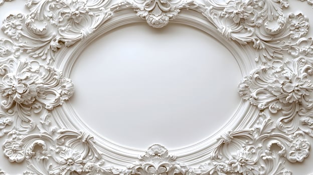 Elegant circular white baroque picture frame displays ornate Victorian design with decorative floral scrollwork, vintage antique style, and symmetrical carved pattern in classical wall decor. histori photo