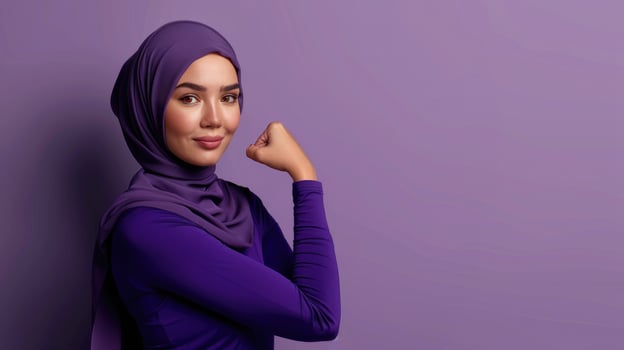 Woman wearing purple hijab and show hand strength. AccelerateAction backdrop is a soft violet color and big copy space. International Womens Day 2025 empty banner. Accelerate Action IWD. photo