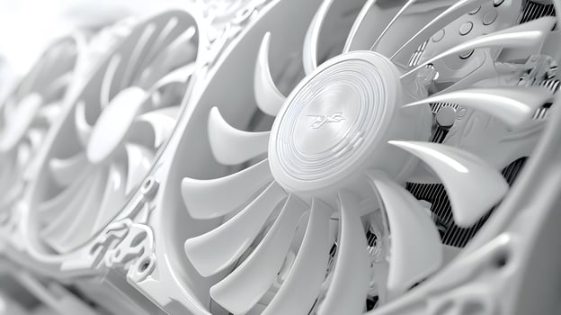 Modern white computer GPU cooling fans showcase detailed graphics card components with clean technology aesthetic, metallic finish, and precise mechanical details in premium gaming hardware. fan photo