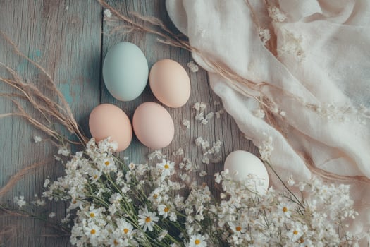 Golden-dotted Easter eggs with fresh rosemary on a stylish plate. Pastel holiday decor, delicate spring setting, modern festive design, elegant seasonal vibes. photo