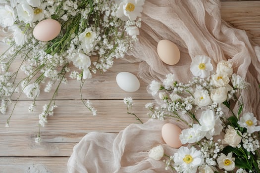 Soft-toned Easter eggs and rosemary twigs on a chic plate. Minimalist spring decor, elegant festive setup, seasonal charm, stylish holiday composition. photo