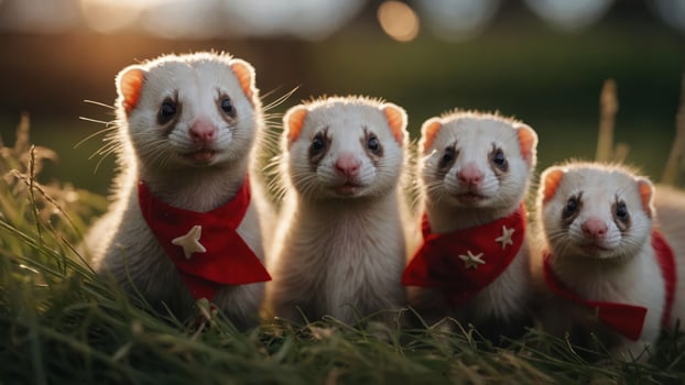 Four ferrets wearing red scarves pose together in a grassy field during sunset. photo