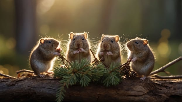 Four cute rodents sitting on a log, holding twigs in a sunlit forest setting. photo