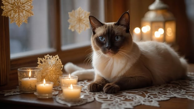A serene cat resting by candles in a cozy winter setting. photo