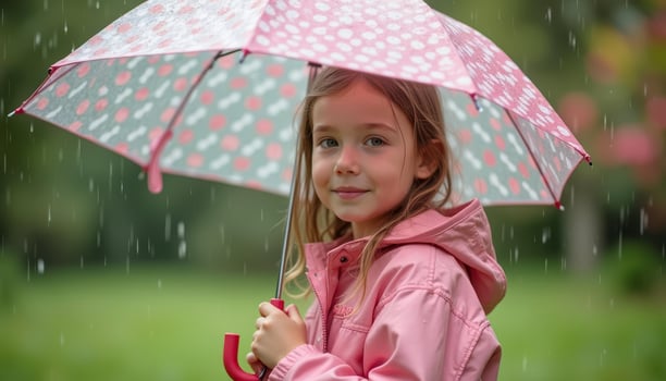 A young girl is holding a pink umbrella in the rain photo
