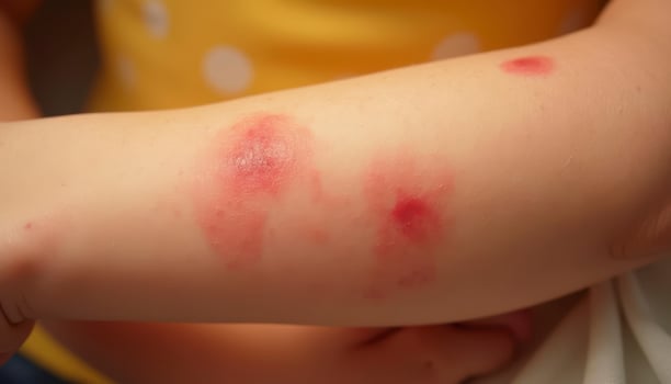 A child has a red rash on their arm. The rash is itchy and uncomfortable photo