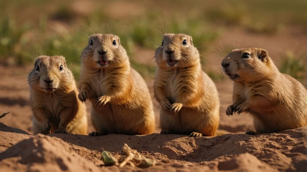 Four prairie dogs standing on a sandy surface, appearing curious and alert. photo