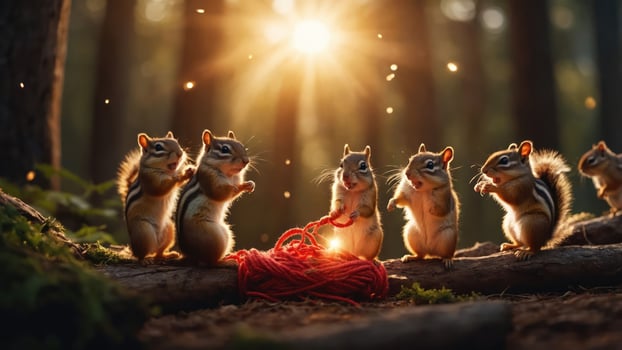 Squirrels playfully interacting with a red yarn in a sunlit forest. photo