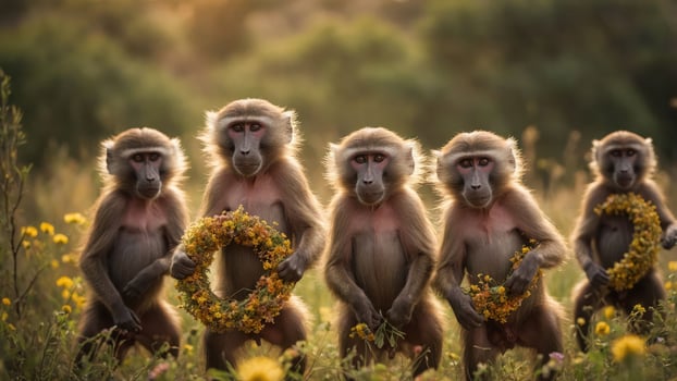 Five monkeys holding floral wreaths in a sunlit field, showcasing nature's beauty. photo