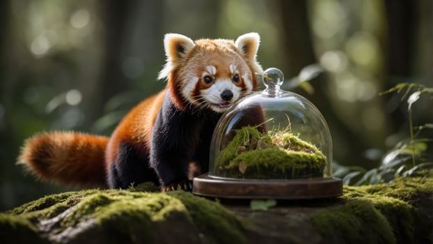 A red panda curiously examines a glass dome containing moss on a mossy log in a forest. photo