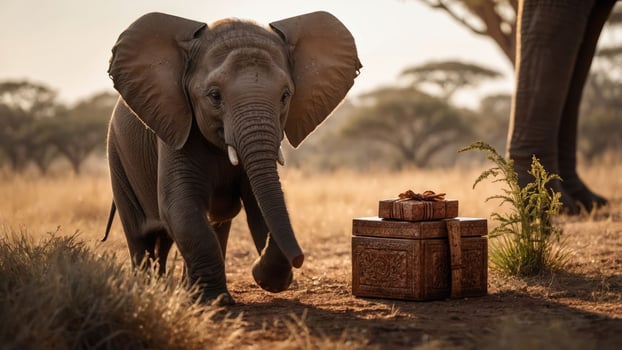 A young elephant approaches a decorative box in a savanna landscape during golden hour. photo