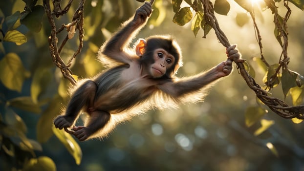 A playful baby monkey hanging from a vine in a sunlit forest. photo