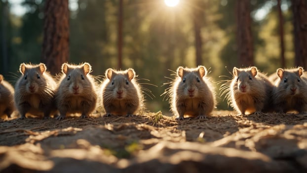 A group of adorable hamsters lined up in a sunlit forest setting. photo