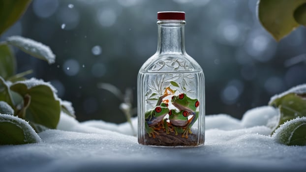 Two vibrant frogs inside a glass bottle, surrounded by snow and greenery. photo