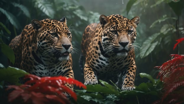 Two jaguars prowling through a lush, green rainforest environment. photo