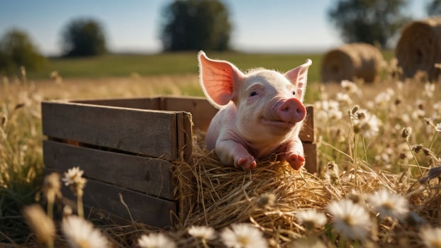 A cute piglet resting in a wooden crate surrounded by hay and flowers in a sunny field. photo