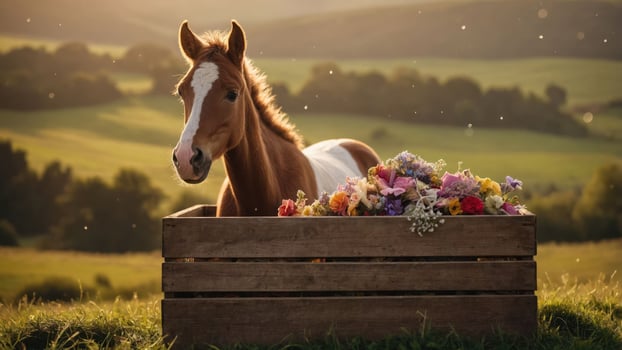 A horse peeking out of a wooden crate filled with colorful flowers in a serene landscape. photo
