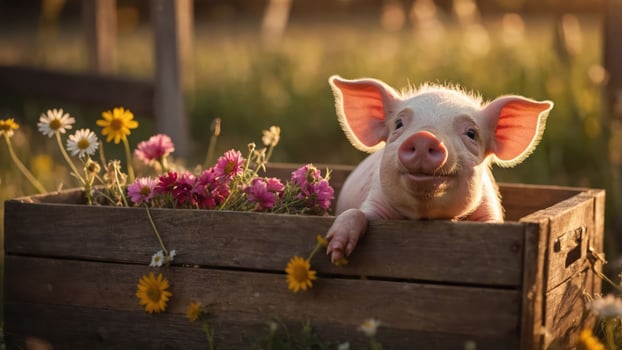 A cute piglet resting in a wooden crate filled with colorful flowers in a sunny field. photo