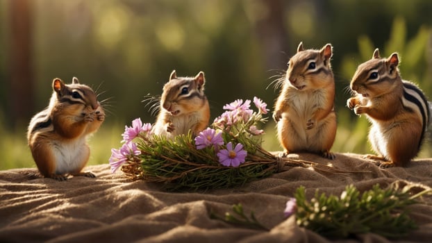 Four chipmunks gathered around flowers in a serene outdoor setting. photo