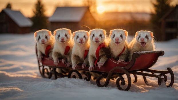 A group of ferrets joyfully riding in a sleigh during a snowy sunset. photo