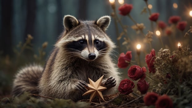 A raccoon holds a wooden star amidst roses and soft lighting in a forest setting. photo