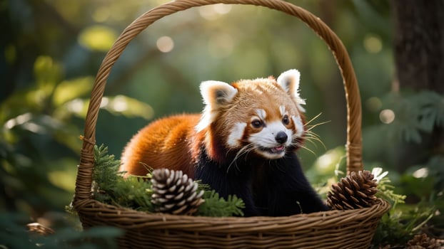 A red panda playfully nestled in a basket surrounded by pinecones and greenery. photo